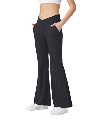 KuaCua Damen-Leggings mit Taschen, überkreuzt, hohe Taille, Bootcut, Yogahose, Glockenunterteil, Leggings, Workout, gerippte Hose, Schwarz, S von KuaCua