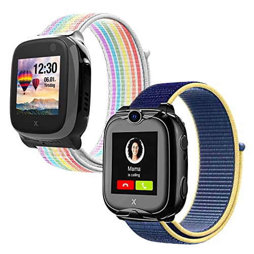 Kuaguozhe 2 Stück Kinder Armbänder Kompatibel mit Xplora X5 / XGO 2/XGO 3 Armband,Kids Smartwatch Weich Sport Nylon Ersatzbänder für X5 Play/XGO2/XGO3,Mädchen Jungen Geschenk, Regenbogen + Gelb Blau von Kuaguozhe