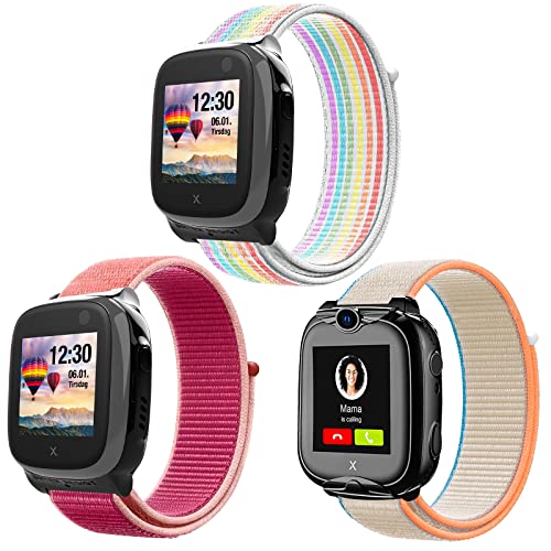 3-Stück Armbänder Kompatibel mit XPLORA X5 / XGO2/XGO3 Armband,Kids Smartwatch Weich Sport Nylon Ersatzbänder für X5 Play /XGO 2/XGO 3,Mädchen Jungen Geschenk, Regenbogen+Granatapfel Rot+Milch von Kuaguozhe