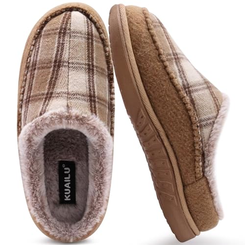 44KuaiLu Hausschuhe Herren Filz Memory-Schaum Clog Flauschige Plüsch Warme gefütterte mit Arch Support Slip-On Hausschuhe mit Fußgewölbestütze Gummisohle Indoor Beige kariert Größe 43-43.5 von KuaiLu