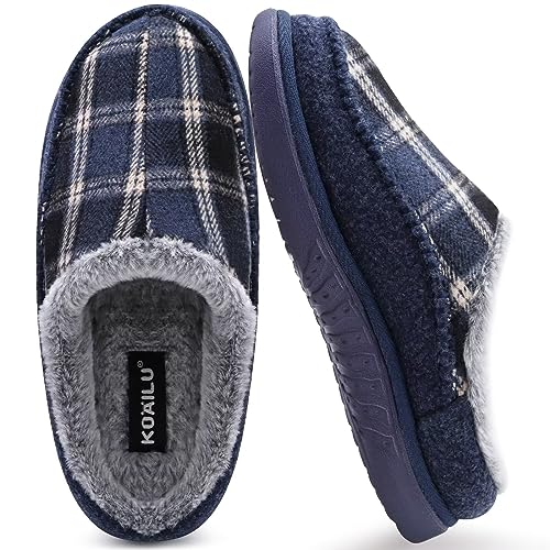 44KuaiLu Hausschuhe Herren Filz Memory-Schaum Clog Flauschige Plüsch Warme gefütterte mit Arch Support Slip-On Hausschuhe mit Fußgewölbestütze Gummisohle Indoor Blau kariert Größe 44-45 von KuaiLu