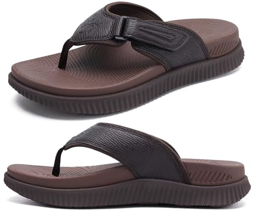 Herren Leder Flip Flops Männer Recovery Walking Sandalen Orthopädische Dickes Athletisch Kissen Sport Slides für Mann Outdoor Sommer Beach Sandalen mit Bequeme Plantarfasziitis Arch Support,40 Braun von KuaiLu