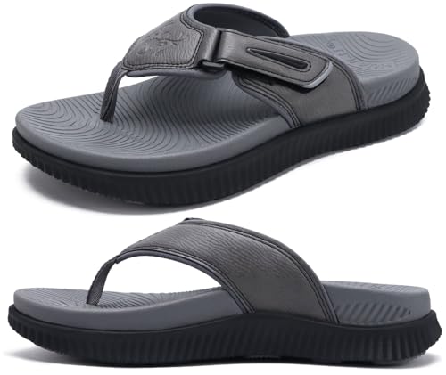Herren Leder Flip Flops Männer Recovery Walking Sandalen Orthopädische Dickes Athletisch Kissen Sport Slides für Mann Outdoor Sommer Beach Sandalen mit Bequeme Plantarfasziitis Arch Support,42 Grau von KuaiLu