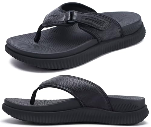 Herren Leder Flip Flops Männer Recovery Walking Sandalen Orthopädische Dickes Athletisch Kissen Sport Slides für Mann Outdoor Sommer Beach Sandalen mit Bequeme Plantarfasziitis Arch Support,43 Schwarz von KuaiLu