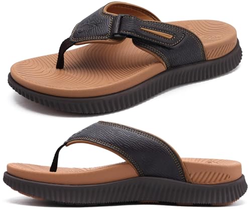 Herren Leder Zehentrenner Männer Recovery Walking Sandalen Orthotic Dickes Athletisch Kissen Sport Slides für Mann Draußen Sommer Strand Sandalen mit Bequeme Plantarfasziitis Arch Support,45 Khaki von KuaiLu