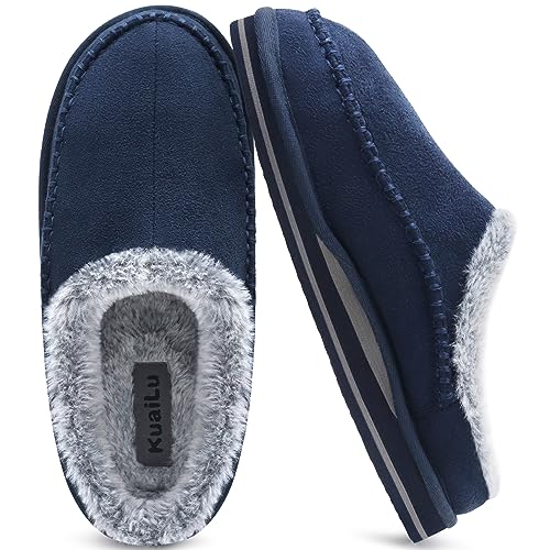 Herren Memory-Schaum Clog Hausschuhe Bequeme handgemachte Stitch Microsuede Slip-On Hausschuhe mit Fußgewölbestütze Warme Kunstpelz gefütterte Gummisohle Indoor Outdoor Blau Größe 46 von KuaiLu