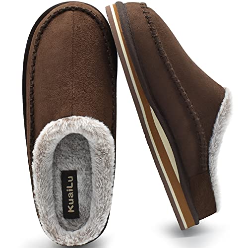 Herren Memory-Schaum Clog Hausschuhe Bequeme handgemachte Stitch Microsuede Slip-On Hausschuhe mit Fußgewölbestütze Warme Kunstpelz gefütterte Gummisohle Indoor Outdoor Braun Größe 44 von KuaiLu