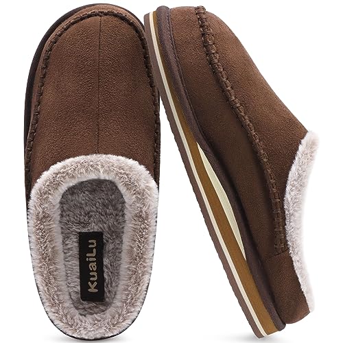 Herren Memory-Schaum Clog Hausschuhe Bequeme handgemachte Stitch Microsuede Slip-On Hausschuhe mit Fußgewölbestütze Warme Kunstpelz gefütterte Gummisohle Indoor Outdoor Braun Größe 44 von KuaiLu