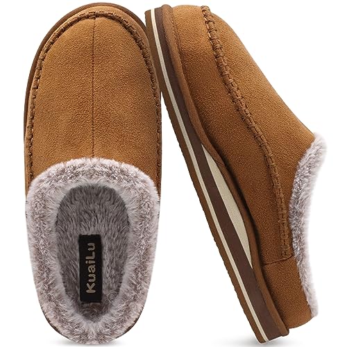 Herren Memory-Schaum Clog Hausschuhe Bequeme handgemachte Stitch Microsuede Slip-On Hausschuhe mit Fußgewölbestütze Warme Kunstpelz gefütterte Gummisohle Indoor Outdoor Khaki Größe 45 von KuaiLu