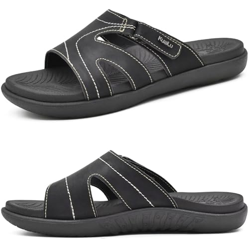 KuaiLu Badelatschen Damen Orthopädische Mode Leichte Badeschlappen Sommer Verstellbare Offenen Zehen Badesandalen Bequeme Yoga Fußbett Rutschfest Schwarz 39 von KuaiLu