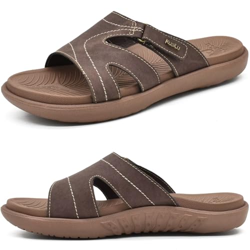 KuaiLu Latschen Damen Orthopädische Mode Leichte Schlappen Sommer Verstellbare Offenen Zehen Sandalen Slides Bequeme Yoga Fußbett rutschfest Braun 37 von KuaiLu