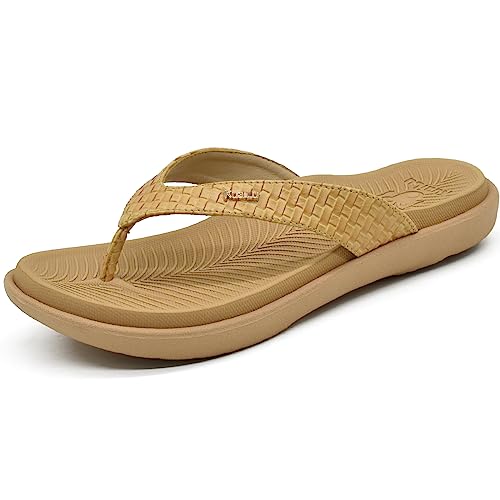 KuaiLu Beige Flip Flops Damen Leder Zehentrenner mit Arch Support für Sommer Beach Frauen Bequeme Yoga Mat Tanga Sandalen für Plantar Fasciitis Größe 36EU von KuaiLu