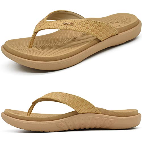 KuaiLu Beige Flip Flops Damen Leder Zehentrenner mit Arch Support für Sommer Beach Frauen Bequeme Yoga Mat Tanga Sandalen für Plantar Fasciitis Größe 37EU von KuaiLu