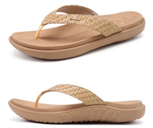 KuaiLu Beige Flip Flops Damen Leder Zehentrenner für Sommer Beach Frauen Bequeme Yoga Mat Tanga Sandalen für Plantar Fasciitis Größe 40EU von KuaiLu