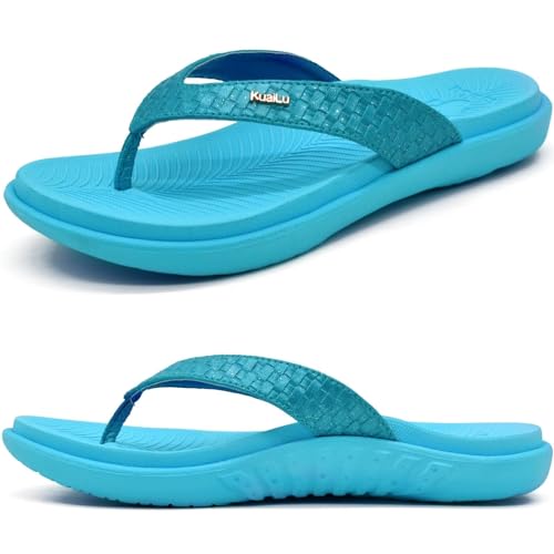 KuaiLu Blau Flip Flops Damen Leder Zehentrenner mit Arch Support für Sommer Beach Frauen Bequeme Yoga Mat Tanga Sandalen für Plantar Fasciitis Größe 37EU von KuaiLu