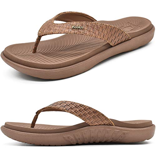 KuaiLu Braun Flip Flops Damen Leder Zehentrenner mit Arch Support für Sommer Beach Frauen Bequeme Yoga Mat Tanga Sandalen für Plantar Fasciitis Größe 36EU von KuaiLu