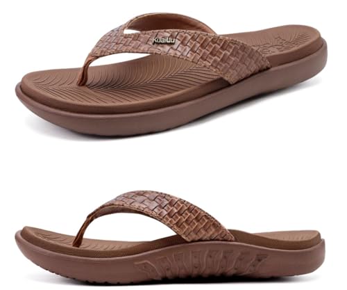 KuaiLu Braun Flip Flops Damen Leder Zehentrenner für Sommer Beach Frauen Bequeme Yoga Mat Tanga Sandalen für Plantar Fasciitis Größe 43EU von KuaiLu