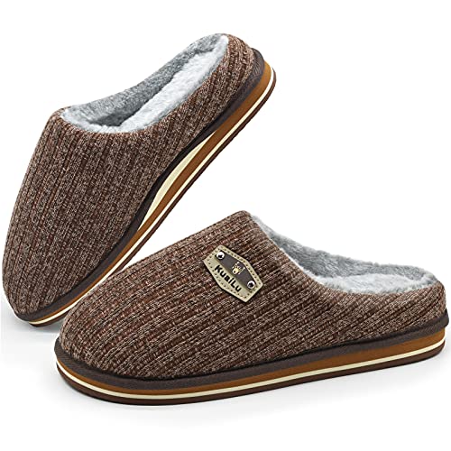 KuaiLu Braun Hausschuhe Herren 40, Winter Wollmischung Gestrickte Pantoffeln Herren,Warme Plüsch Gefütterte Hause Slippers mit Memory Foam von KuaiLu