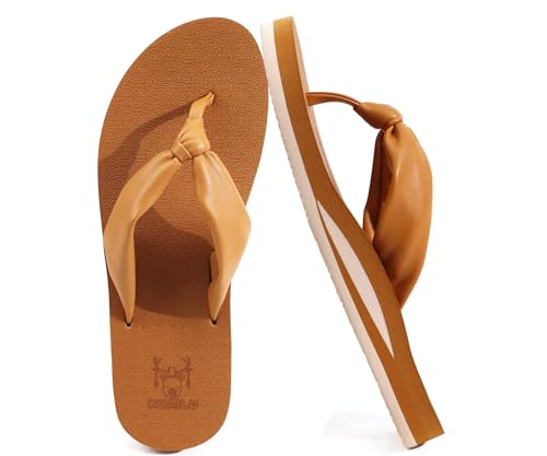 KuaiLu Flip Flops Damen Komfort Yoga Matte Zehentrenner Leicht Bequeme Leder Badelatschen Sommer Strand Orthopädische Frauen Sandalen Rutschfest Gummi Indoor Outdoor Khaki 38 von KuaiLu
