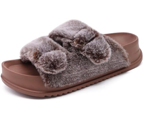 KuaiLu Hausschuhe Damen Orthopädische, Plüsch Warme Slides Sandalen für Frauen mit Weiche Fussbett Kuschelige Arch Support Flauschige Pantoffeln Offener Zeh Sommer Winter Gr. 42 Braun von KuaiLu