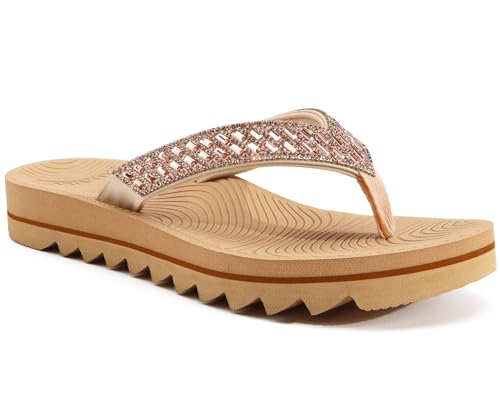 KuaiLu Damen Orthopädische Flip Flops Yoga Matte Kissen Mode Strass Sandalen Sommer Wandern Strand Reisen Thong Rutschen Comfy Plantar Fasciitis Indoor Outdoor Sandles Beige 38 von KuaiLu