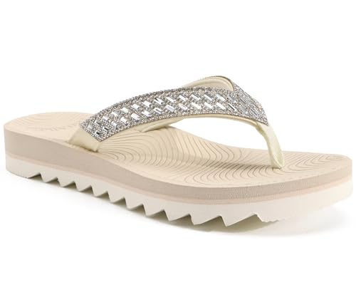 KuaiLu Damen Orthopädische Flip Flops Yoga Matte Kissen Mode Strass Sandalen Sommer Wandern Strand Reisen Thong Rutschen Comfy Plantar Fasciitis Indoor Outdoor Sandles Beige Weiß 36 von KuaiLu