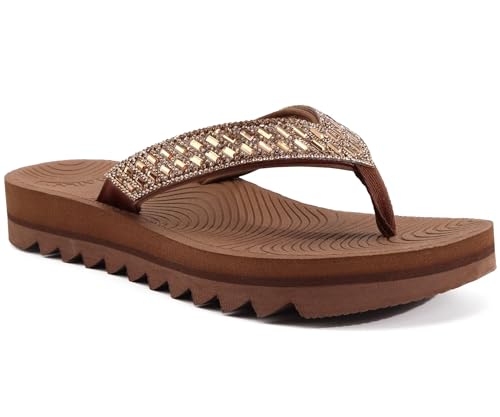 KuaiLu Damen Orthopädische Flip Flops Yoga Matte Kissen Mode Strass Sandalen Sommer Wandern Strand Reisen Thong Rutschen Comfy Plantar Fasciitis Indoor Outdoor Sandles Braun 39 von KuaiLu