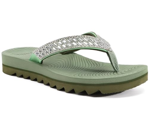 KuaiLu Damen Orthopädische Flip Flops Yoga Matte Kissen Mode Strass Sandalen Sommer Wandern Strand Reisen Thong Rutschen Comfy Plantar Fasciitis Indoor Outdoor Sandles Grün 38 von KuaiLu