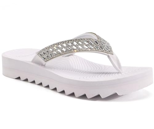 KuaiLu Damen Orthopädische Flip Flops Yoga Matte Kissen Mode Strass Sandalen Sommer Wandern Strand Reisen Thong Rutschen Comfy Plantar Fasciitis Indoor Outdoor Sandles Silber Weiß 36 von KuaiLu
