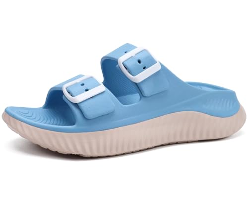 KuaiLu Damen Recovery Sandalen Athletic Sport Sliders Komfort Bogen Unterstützung Kissen Orthotic Plantar Fasciitis Badepantoletten auf dicke Sohle Sandale Sommer Pool Beach Sandles Blau Weiß 38 von KuaiLu