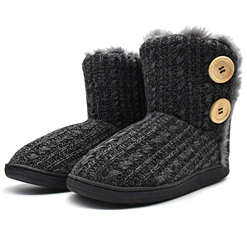 KuaiLu Damen Slipper-Stiefel Gestrickte pelzige Drinnen/Draußen Hausschuhe gemütliche Slouch Pantoffeln,Schwarz,40/41 EU (XL) von KuaiLu