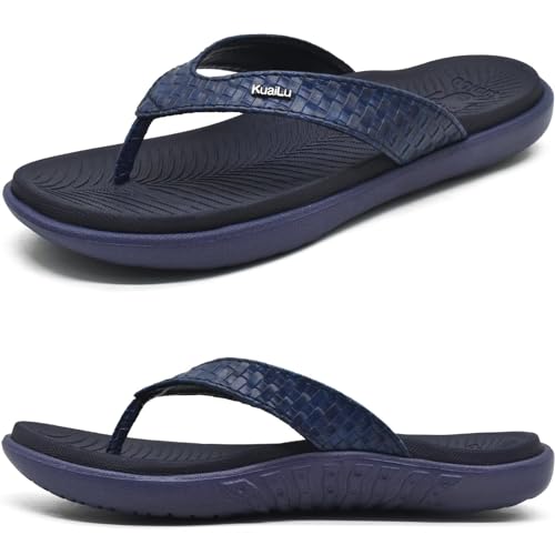 KuaiLu Dunkel Blau Flip Flops Damen Leder Zehentrenner mit Arch Support für Sommer Beach Frauen Bequeme Yoga Mat Tanga Sandalen für Plantar Fasciitis Größe 36EU von KuaiLu