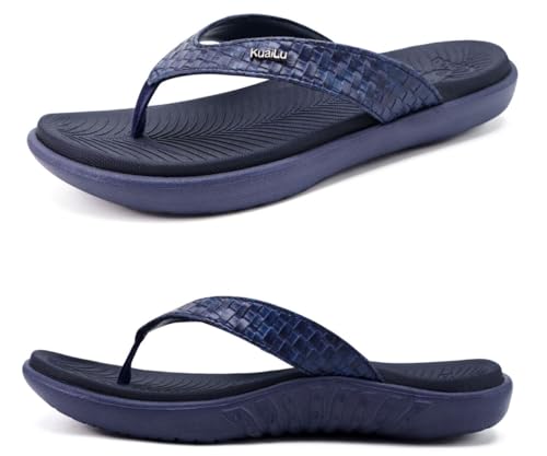 KuaiLu Dunkel Blau Flip Flops Damen Leder Zehentrenner für Sommer Beach Frauen Bequeme Yoga Mat Tanga Sandalen für Plantar Fasciitis Größe 39EU von KuaiLu