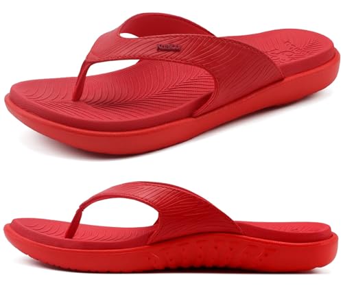 KuaiLu Flip Flops Damen 2025 Orthopädische Yoga Fußbett Sandalen Elegant Frauen Leichte Sommer Slip On Beach Badelatschen mit Bequeme Plantarfasziitis, Rot EU36 von KuaiLu