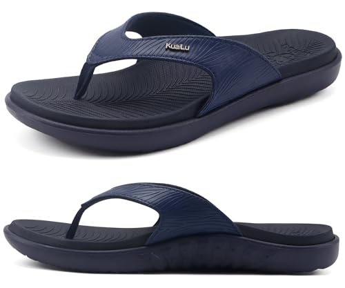 KuaiLu Flip Flops Damen 2025 Orthopädische Yoga Fußbett Sandalen Elegant Frauen Leichte Sommer Slip On Beach Badelatschen mit Bequeme Plantarfasziitis, Dunkel Blau EU40 von KuaiLu