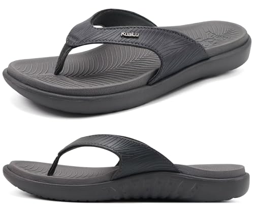 KuaiLu Flip Flops Damen 2025 Orthopädische Yoga Fußbett Sandalen Elegant Frauen Leichte Sommer Slip On Beach Badelatschen mit Bequeme Plantarfasziitis, Grau EU41 von KuaiLu