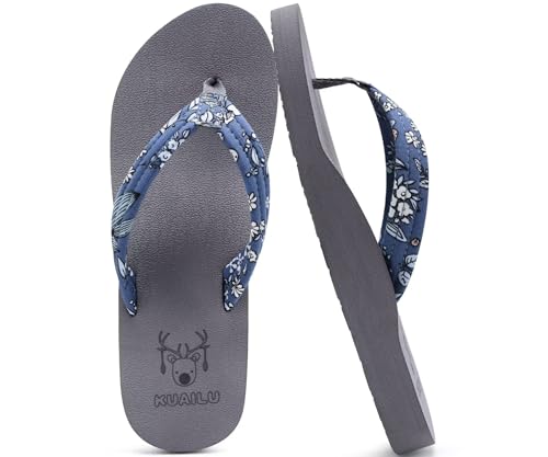 KuaiLu Flip Flops Damen Weich Stoff Zehentrenner Frauen Bade Sandalen Bequeme Füße Badelatschen Yoga Matte Fussbett Sommer Strand Zehensandalen Rutschfest Gummi Indoor Outdoor Floral Grau 41 von KuaiLu