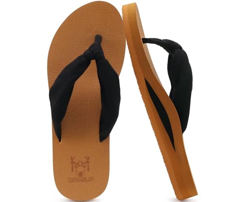 KuaiLu Flip Flops Damen Weich Stoff Zehentrenner Frauen Bade Sandalen Bequeme Füße Badelatschen Yoga Matte Fussbett Sommer Strand Zehensandalen Rutschfest Gummi Indoor Outdoor Schwarz Khaki 42 von KuaiLu