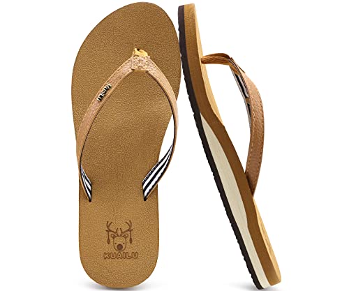 KuaiLu Flip Flops Damen Weich Stoff Zehentrenner Frauen Bade Sandalen Bequeme Füße Badelatschen Yoga Matte Fussbett Sommer Strand Zehensandalen rutschfest Gummi Indoor Outdoor Khaki 37 von KuaiLu