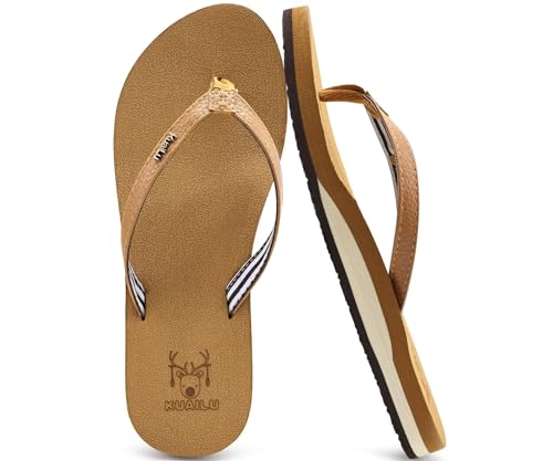 KuaiLu Flip Flops Damen Weich Stoff Zehentrenner Frauen Bade Sandalen Bequeme Füße Badelatschen Yoga Matte Fussbett Sommer Strand Zehensandalen Rutschfest Gummi Indoor Outdoor Khaki 41 von KuaiLu