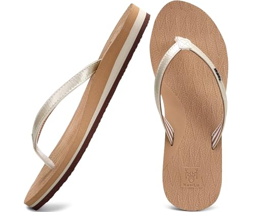 KuaiLu Flip Flops Damen Yoga Matte Zehentrenner Stoff Leicht Sandalen für Damen Sommer Strand Leder Badelatschen Frauen mit offen zehen Rutschfest Feste Gummi Sohle Beige Größe 36 von KuaiLu