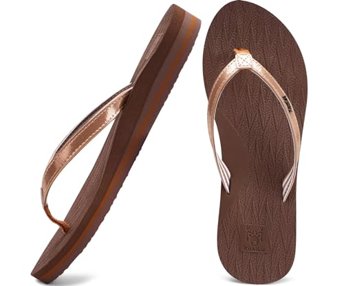 KuaiLu Flip Flops Damen Yoga Matte Zehentrenner Stoff Leicht Sandalen für Damen Sommer Strand Leder Badelatschen Frauen mit offen zehen Rutschfest Feste Gummi Sohle Braun Größe 39 von KuaiLu