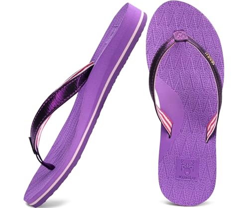 KuaiLu Flip Flops Damen Yoga Matte Zehentrenner Stoff Leicht Sandalen für Damen Sommer Strand Leder Badelatschen Frauen mit offen zehen Rutschfest Feste Gummi Sohle Lila Größe 38 von KuaiLu