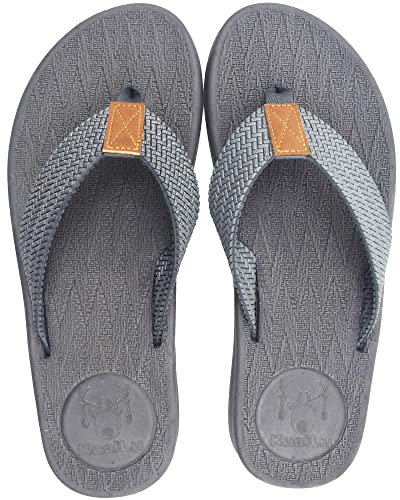 KuaiLu Flip Flops Herren Leder Zehentrenner Männer Bade Sandalen Bequeme Breite Füße Badelatschen rutschfest Yoga Gummi Fußbett Sommer Strand Zehensandalen Drinnen Draußen Grau 40 von KuaiLu