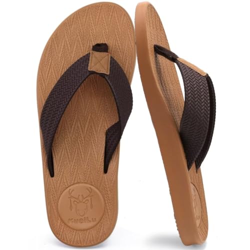 KuaiLu Flip Flops Herren Leder Zehentrenner Männer Bade Sandalen Bequeme Breite Füße Badelatschen Rutschfest Yoga Gummi Fußbett Sommer Strand Zehensandalen Drinnen Draußen Khaki 40 von KuaiLu