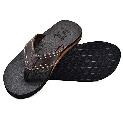 KuaiLu Flip Flops Herren Flach Weich Leder Bade Sandalen Comfy Breite Füße Badelatschen Yoga Schaum Sommer Strand Zehentrenner,Bräunen,43 EU von KuaiLu