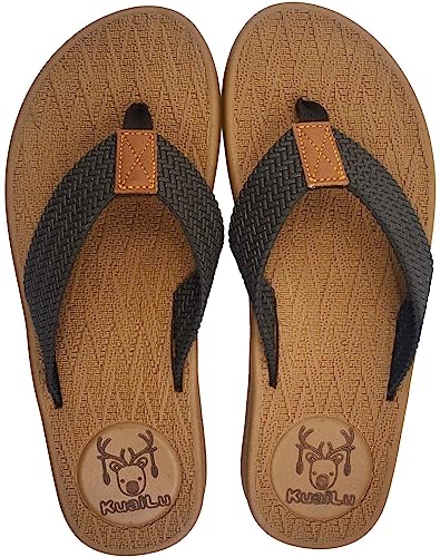 KuaiLu Flip Flops Herren Leder Zehentrenner Männer Bade Sandalen Bequeme Breite Füße Badelatschen rutschfest Yoga Gummi Fußbett Sommer Strand Zehensandalen Drinnen Draußen Khaki 42 von KuaiLu