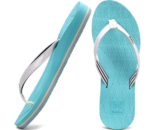 KuaiLu Flip Flops Damen Yoga Matte Zehentrenner Stoff Leicht Sandalen für Damen Sommer Strand Leder Badelatschen Frauen mit offen zehen Rutschfest Feste Gummi Sohle BlauWeiß Größe 39 von KuaiLu