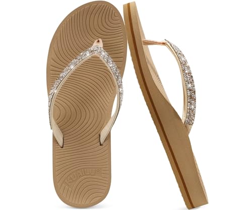 KuaiLu Frauen Strass Flip Flops mit Komfort Bogen Unterstützung Yoga Matte Kissen Sandalen Mode Sommer Strand Pool Reisen Orthotic Walking Thong Sandles Slip auf Plantar Fasciitis Beige 39 von KuaiLu