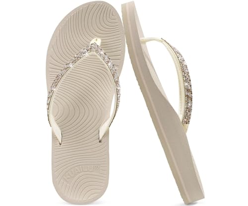 KuaiLu Frauen Strass Flip Flops mit Komfort Bogen Unterstützung Yoga Matte Kissen Sandalen Mode Sommer Strand Pool Reisen Orthotic Walking Thong Sandles Slip auf Plantar Fasciitis Beige Weiß 36 von KuaiLu